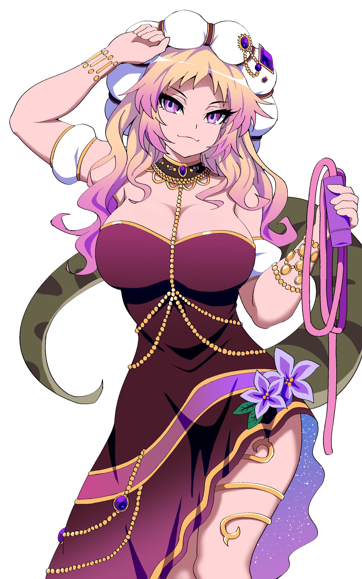 1girl african_rock_python_(kemono_friends) arm_up bare_shoulders blonde_hair breasts closed_mouth dress eyelashes flower hand_up hat head_tilt highres holding holding_whip jewelry kemono_friends large_breasts long_hair looking_at_viewer mamiyama multicolored_hair purple_hair smile solo strapless strapless_dress tail two-tone_hair violet_eyes whip