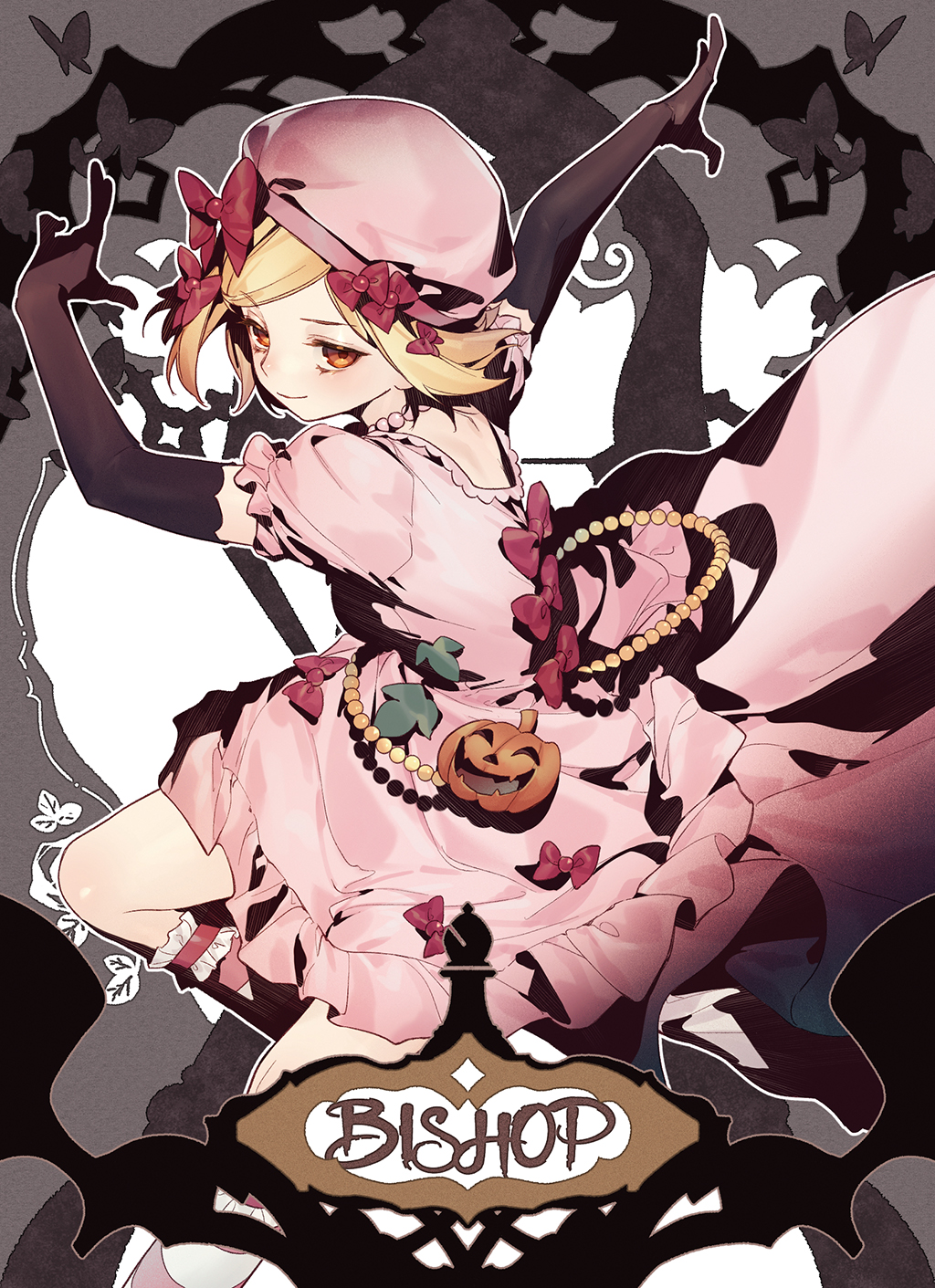 1girl aluce bishop_(chess) black_gloves blonde_hair bow chess_piece dress elbow_gloves gloves hair_bow highres jewelry lambdadelta necklace pearl_necklace pink_dress pink_headwear puffy_short_sleeves puffy_sleeves pumpkin red_eyes short_hair short_sleeves umineko_no_naku_koro_ni