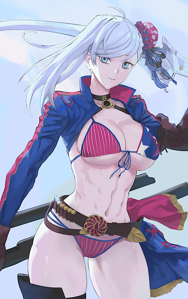 1girl american_flag_bikini arqa asymmetrical_gloves asymmetrical_hair bangs belt beltskirt bikini blue_eyes boots breasts bun_cover elbow_gloves fate/grand_order fate_(series) fingerless_gloves flag_print front-tie_bikini front-tie_top gloves grey_hair gunblade hair_bun half-skirt large_breasts long_hair miyamoto_musashi_(fate) miyamoto_musashi_(swimsuit_berserker)_(fate) multi-strapped_bikini navel print_swimsuit shrug_(clothing) side_bun single_elbow_glove single_hair_intake single_sidelock single_thigh_boot solo swept_bangs swimsuit thigh-highs thigh_boots uneven_gloves weapon