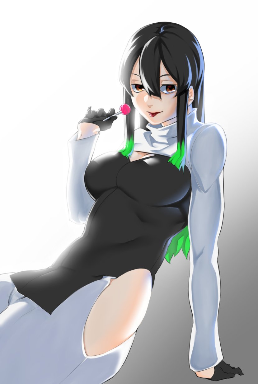 1girl :p arm_support black_gloves black_hair breasts brown_eyes candy cleavage_cutout clothing_cutout copyright_request dyun food from_side gloves gradient gradient_background green_hair grey_background hair_between_eyes half_gloves highres hip_vent holding holding_candy holding_food holding_lollipop large_breasts lollipop long_hair long_sleeves looking_at_viewer reclining shrug_(clothing) smile solo tongue tongue_out