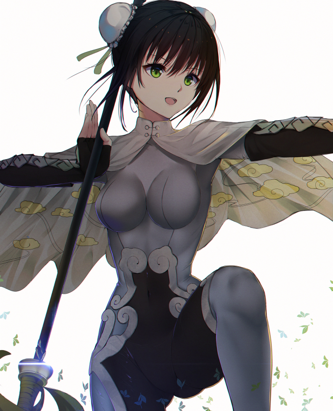 1girl :d black_gloves black_hair bodysuit breasts cape cloud_print fate/grand_order fate_(series) fingerless_gloves gloves green_eyes mari_(doraerin0) medium_breasts open_mouth polearm print_cape qin_liangyu_(fate) short_hair simple_background smile solo weapon white_background white_bodysuit white_cape