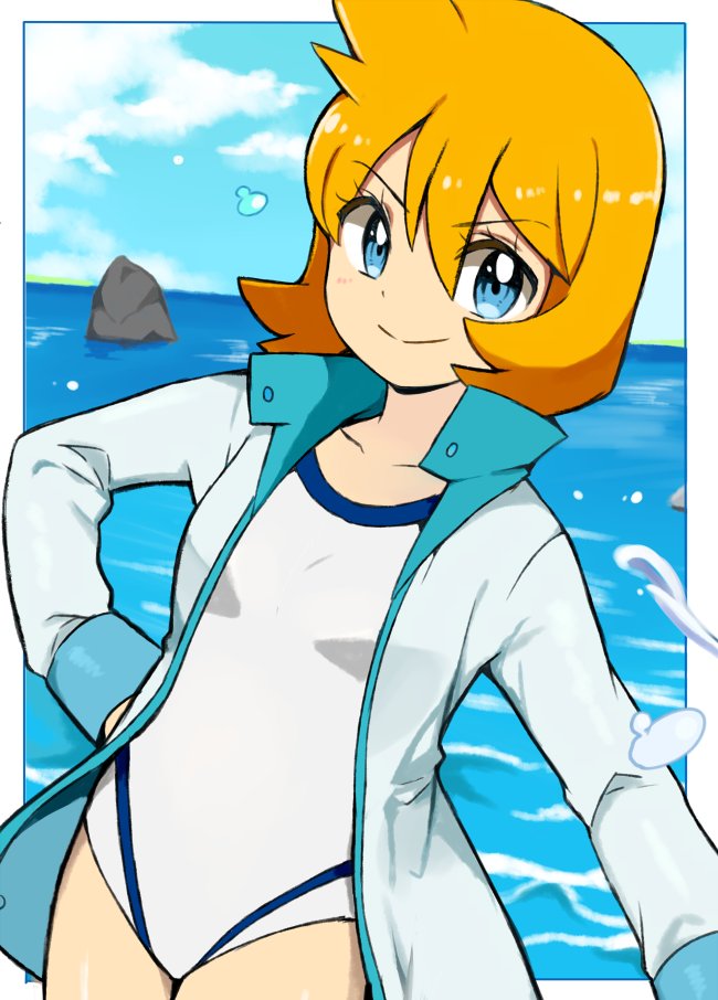 1girl bangs beach blue_eyes border breasts closed_mouth clouds cloudy_sky coat commentary_request competition_swimsuit cu-sith eyebrows_visible_through_hair gym_leader hand_on_hip jacket long_sleeves looking_at_viewer misty_(pokemon) multicolored multicolored_clothes multicolored_swimsuit ocean one-piece_swimsuit open_clothes open_jacket orange_hair pokemon pokemon_(game) pokemon_hgss rock short_hair sky smile solo splashing swimsuit track_jacket v-shaped_eyes water water_drop white_border