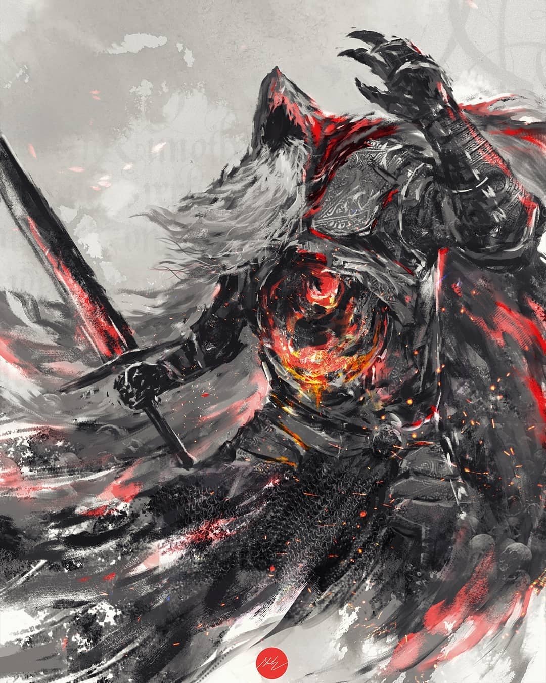 1boy armor beard cape commentary dark_souls_iii english_commentary facial_hair full_armor gauntlets hand_up highres holding holding_sword holding_weapon hood hood_up long_beard mail_armor male_focus shimhaq slave_knight_gael solo souls_(series) sword weapon