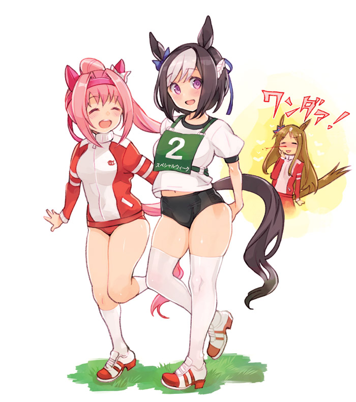 3girls animal_ears bangs black_buruma blood blush bow braid brown_hair buruma commentary_request eyebrows_visible_through_hair grass_wonder_(umamusume) hair_bow hair_intakes hair_ribbon haru_urara_(umamusume) headband horse_ears horse_girl horse_tail jacket long_hair looking_at_viewer multicolored_hair multiple_girls navel nosebleed open_mouth pink_eyes pink_hair ponytail red_buruma ribbon ryoji_(nomura_ryouji) short_hair short_sleeves skindentation smile special_week_(umamusume) tail thigh-highs translation_request two-tone_hair umamusume violet_eyes white_hair white_legwear