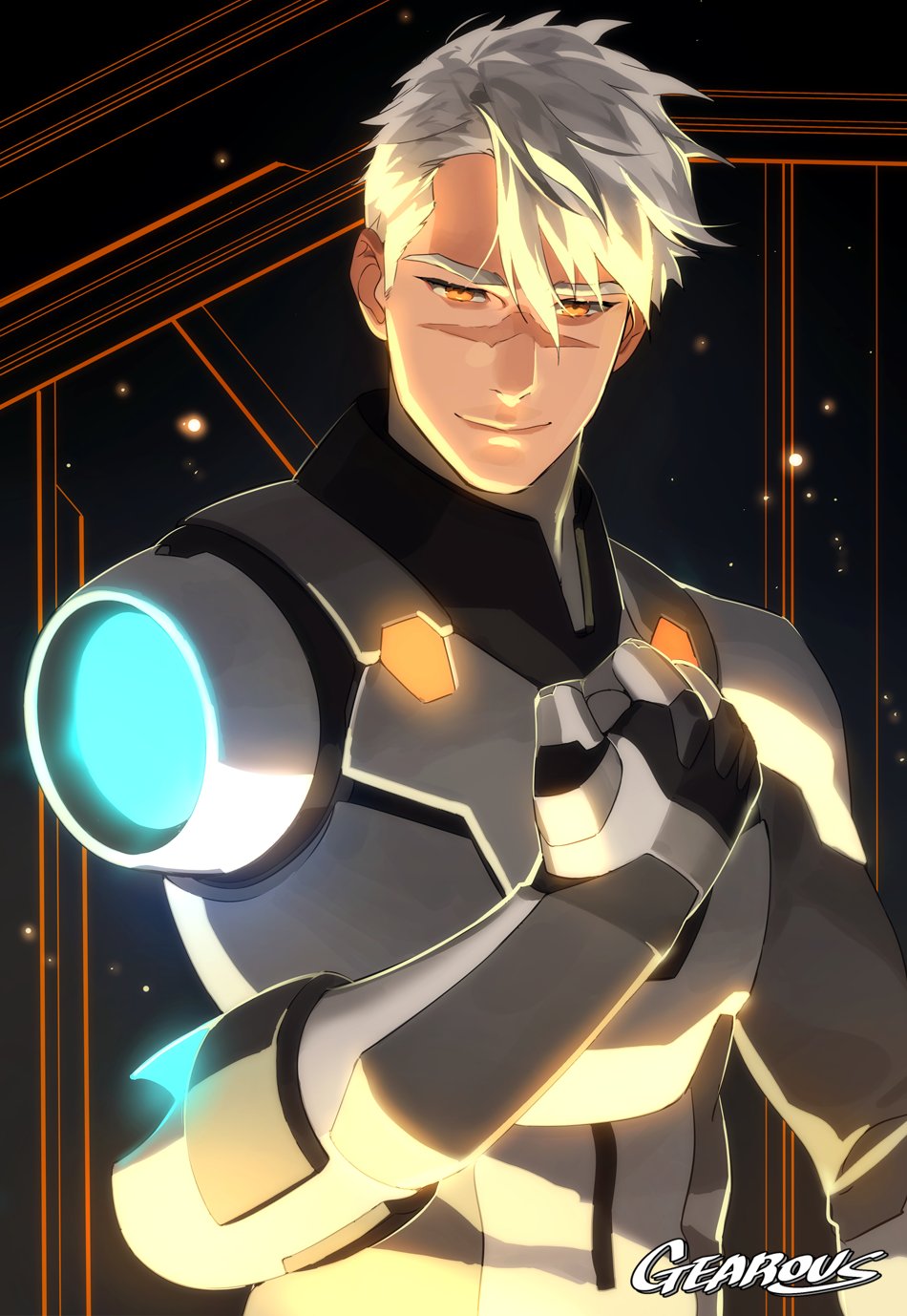 1boy clenched_hand detached_arm gearous highres hyakujuu-ou_golion male_focus orange_eyes pilot_suit prosthesis prosthetic_arm scar short_hair silver_hair smile solo takashi_shirogane upper_body voltron:_legendary_defender white_hair