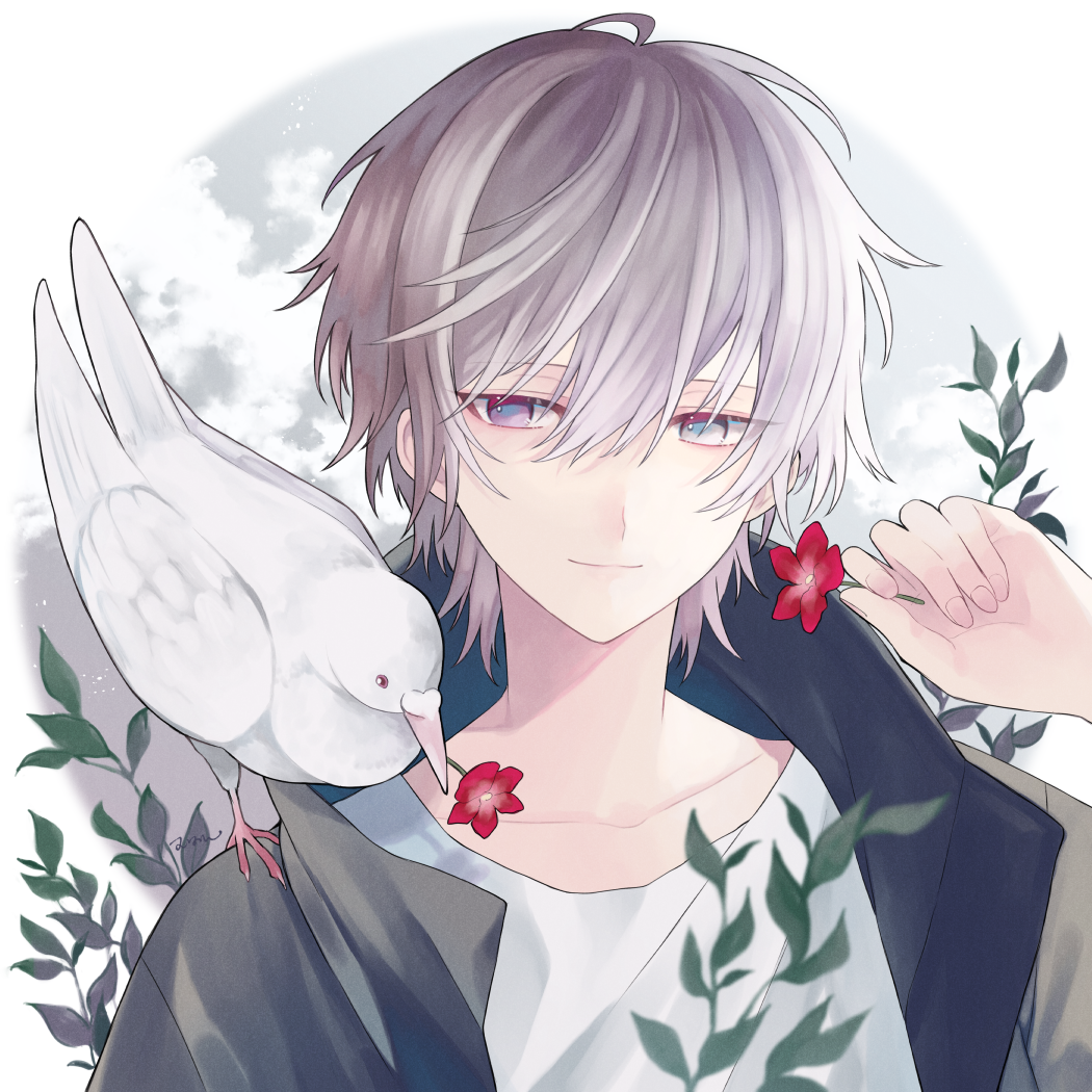 1boy animal_on_shoulder bangs bird collarbone flower flower_in_mouth green_jacket grey_eyes holding holding_flower jacket male_focus medium_hair muon original red_flower shirt silver_hair smile solo white_shirt