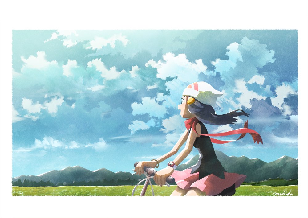 1girl beanie black_hair border bracelet clouds commentary_request hikari_(pokemon) day floating_hair floating_scarf from_side grass hair_ornament hairclip hat holding jewelry long_hair looking_to_the_side machida_(m_chotto) mountainous_horizon outdoors pokemon pokemon_(game) pokemon_dppt red_scarf riding_bicycle scarf signature sky sleeveless solo white_border white_headwear