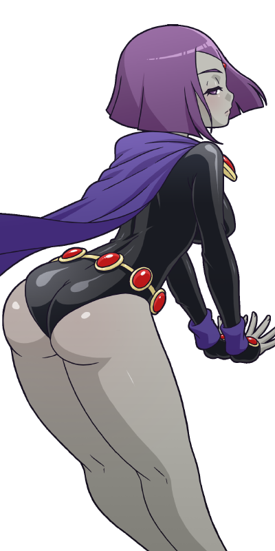 1girl ass breasts cape colored_skin dc_comics forehead_jewel grey_skin half-closed_eyes impossible_clothes impossible_leotard leotard medium_breasts mike_inel purple_hair raven_(dc) short_hair solo superhero teen_titans transparent_background violet_eyes wristband