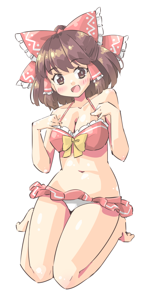 1girl :d alternate_costume arnest bangs bikini blush bow bow_bikini brown_eyes brown_hair eyebrows_visible_through_hair frilled_bikini frills hair_bow hair_tubes hakurei_reimu hand_on_own_chest highres kneeling open_mouth ponytail red_bikini red_bow short_hair smile swimsuit touhou yellow_bow