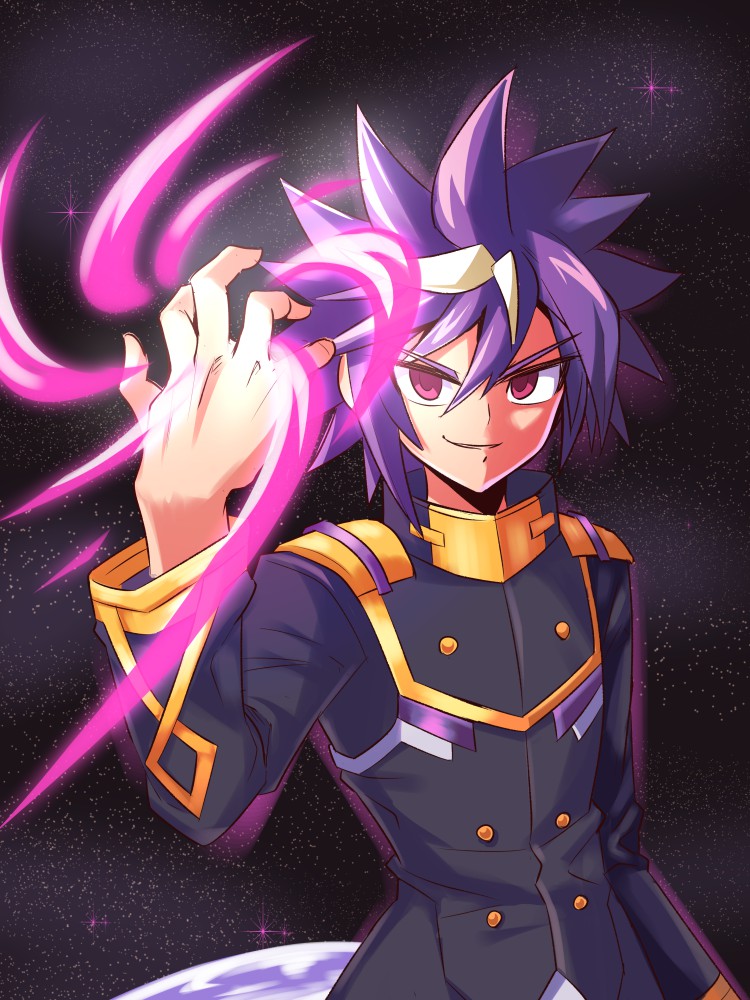 1boy azure_striker_gunvolt character_request closed_mouth cougar_(cougar1404) looking_at_viewer male_focus multicolored_hair planet purple_hair red_eyes smile solo space star_(sky) uniform