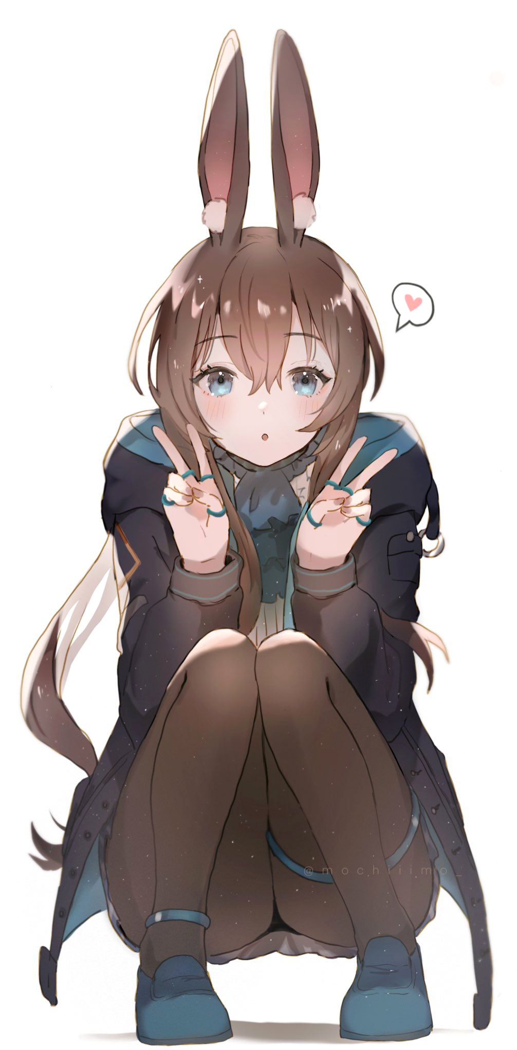 1girl :o amiya_(arknights) animal_ears arknights ascot black_legwear blue_eyes blue_footwear blue_neckwear blush brown_hair commentary double_v english_commentary heart highres jacket jewelry long_hair looking_at_viewer mochii multiple_rings open_clothes open_jacket pantyhose rabbit_ears rabbit_girl ring shirt solo spoken_heart squatting thumb_ring v white_background white_shirt
