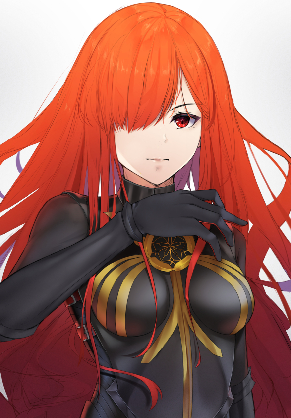 1girl black_bodysuit black_gloves bodysuit breasts fate/grand_order fate_(series) gloves hair_over_one_eye long_hair looking_at_viewer mari_(doraerin0) medium_breasts oda_nobunaga_(fate)_(all) oda_nobunaga_(maou_avenger)_(fate) oda_uri redhead simple_background solo upper_body white_background