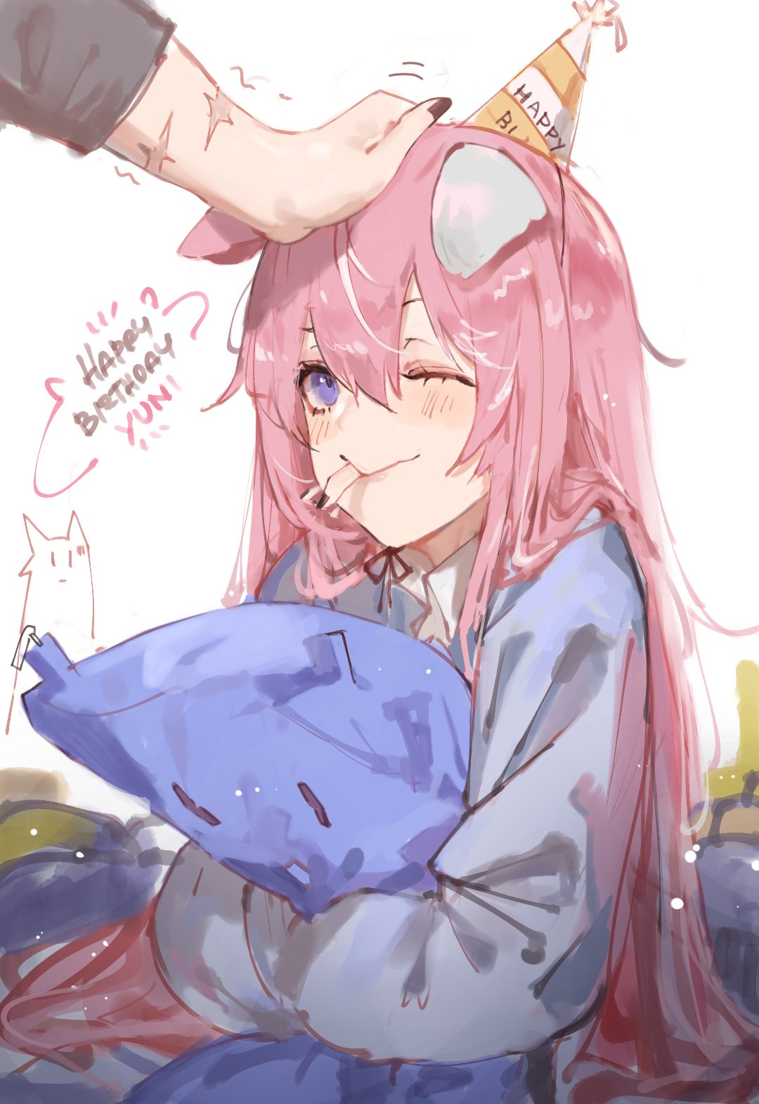 1girl animal_ears black_nails blue_eyes blue_shirt blush dog_ears dog_girl dokuro_deluxe english_commentary finger_in_mouth happy_birthday hat headpat highres indie_virtual_youtuber looking_up one_eye_closed party_hat pillow pillow_hug pink_hair shirt sitting smile solo_focus virtual_youtuber yuniiho_(vtuber)