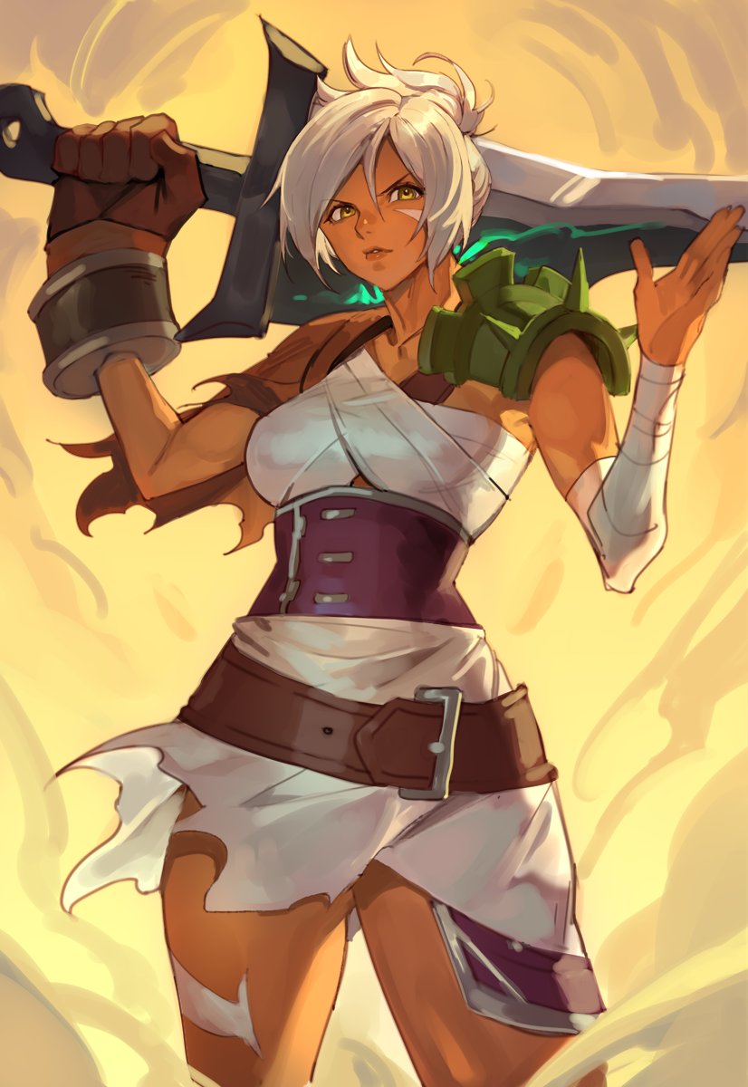 1girl bandages belt gloves green_eyes highres league_of_legends looking_at_viewer riven_(league_of_legends) serious short_hair silver_hair sword tan uncle_rabbit_ii weapon