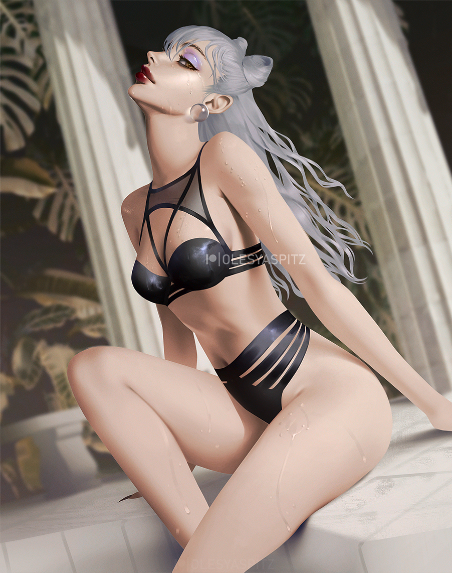 1girl bikini blurry blurry_background breasts dutch_angle earrings evelynn_(league_of_legends) eyeshadow grey_hair jewelry league_of_legends lips long_hair looking_at_viewer makeup medium_breasts olesyaspitz pool_party_(league_of_legends) red_lips sitting solo swimsuit watermark wet yellow_eyes