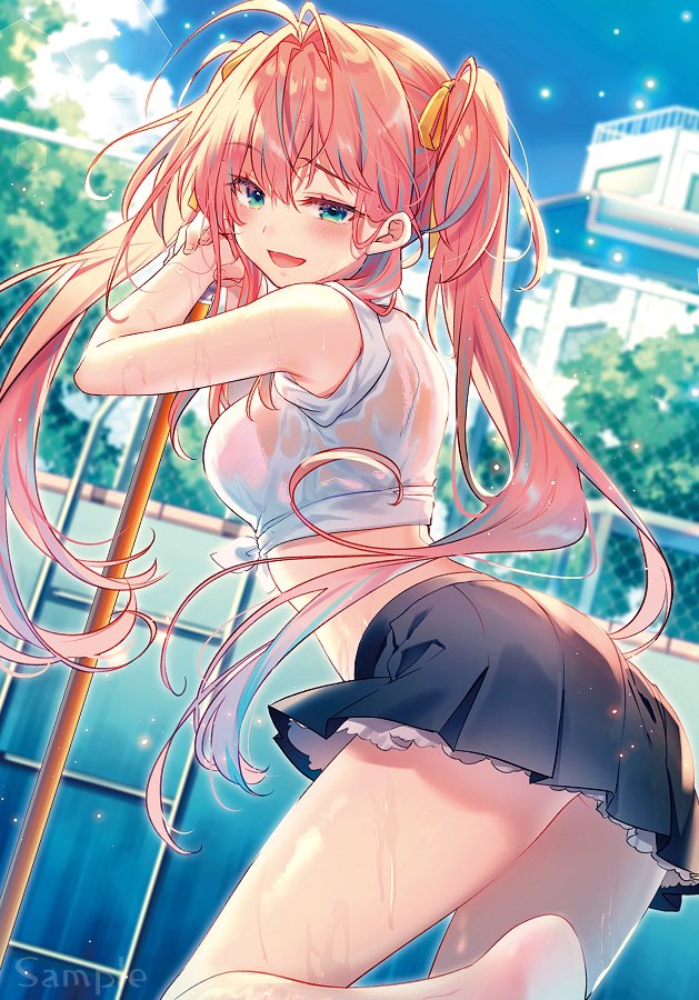 1girl :d antenna_hair aqua_eyes bare_arms bare_shoulders bent_over black_skirt breasts cleaning crop_top day empty_pool from_side front-tie_top hair_intakes hair_ribbon long_hair looking_at_viewer looking_to_the_side medium_breasts midriff miniskirt multicolored_hair open_mouth original outdoors pink_hair pleated_skirt ribbon riichu shirt skirt smile solo standing streaked_hair sunlight thighs tied_shirt twintails very_long_hair wet white_shirt