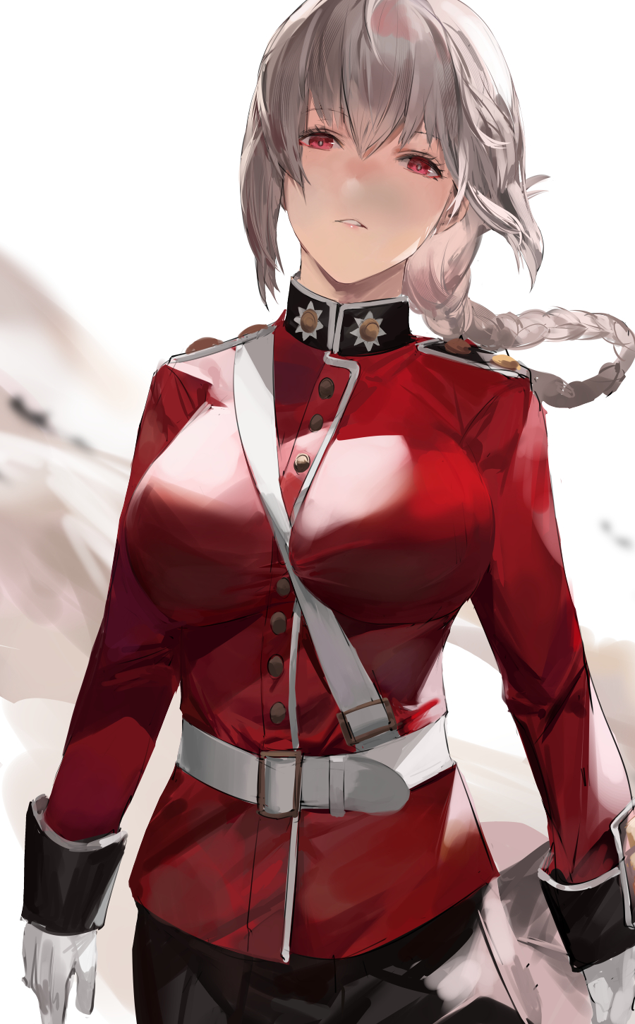 1girl bangs belt black_skirt blazpu braid braided_ponytail breasts buttons fate/grand_order fate_(series) florence_nightingale_(fate) folded_ponytail gloves highres jacket large_breasts long_hair long_sleeves looking_at_viewer military_jacket parted_lips pink_hair pleated_skirt red_eyes red_jacket skirt white_gloves