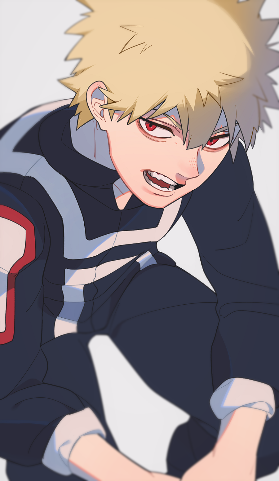 1boy bakugou_katsuki black_pants black_shirt blonde_hair boku_no_hero_academia grey_background highres inuyama_nanami looking_at_viewer male_focus open_mouth pants red_eyes sanpaku shirt short_hair simple_background sitting solo