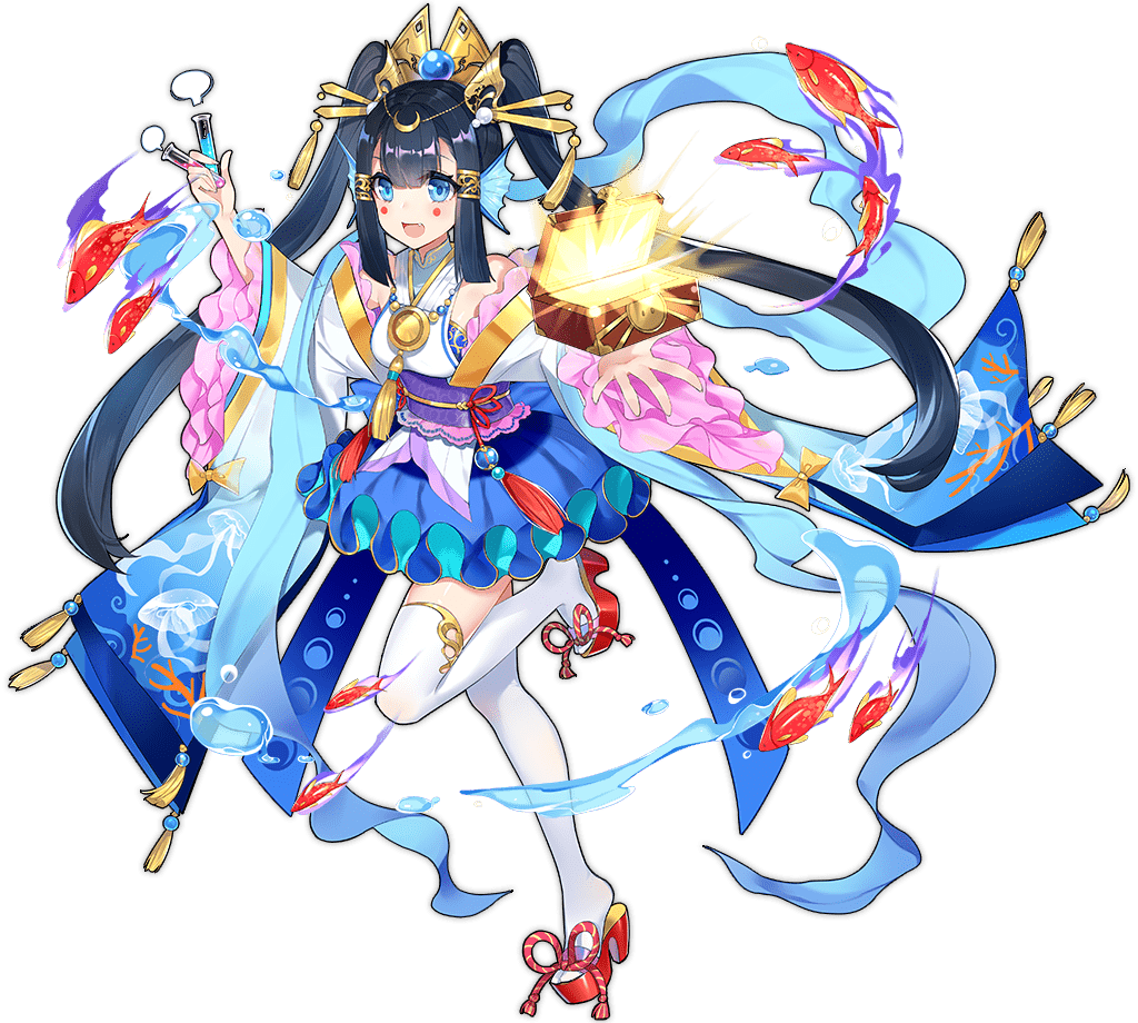 1girl :d ark_order bangs black_hair blue_eyes blue_skirt blunt_bangs breasts bubble bubble_print bubble_skirt facial_mark fang fish frilled_skirt frilled_sleeves frills gold goldfish hagoromo hair_tubes hatoyama_itsuru head_fins holding_test_tube japanese_clothes jellyfish_print kimono lace-trimmed_sash long_hair long_sleeves multicolored multicolored_clothes multicolored_kimono obi official_art okobo open_mouth otohime_(ark_order) pearl_(gemstone) purple_sash red_footwear sash shawl sidelocks skirt smile solo tachi-e tassel thigh-highs twintails very_long_hair wave_print white_kimono wide_sleeves