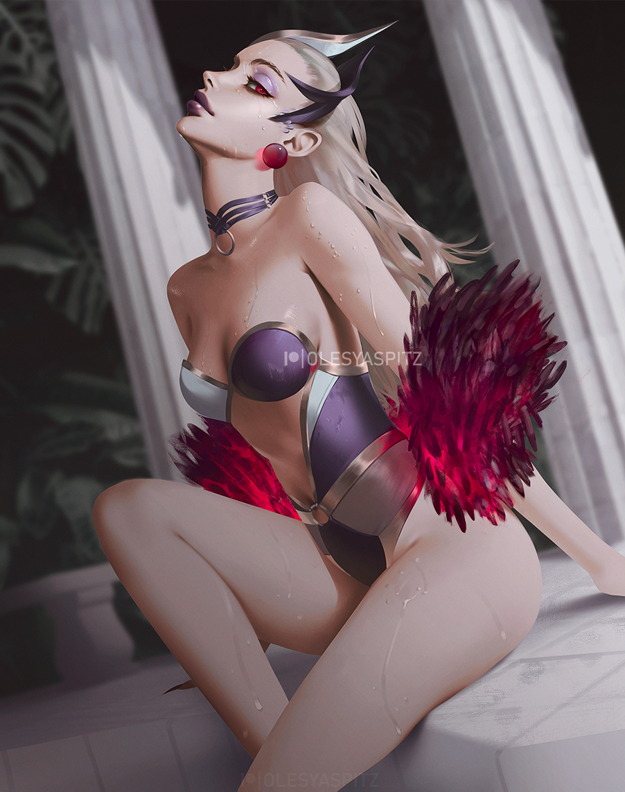 1girl blurry blurry_background breasts choker dutch_angle earrings evelynn_(league_of_legends) eyeshadow feather_boa horns jewelry league_of_legends lips long_hair looking_at_viewer makeup medium_breasts navel olesyaspitz one-piece_swimsuit platinum_blonde_hair pool_party_(league_of_legends) purple_lips red_eyes sitting solo strapless strapless_swimsuit swimsuit watermark wet