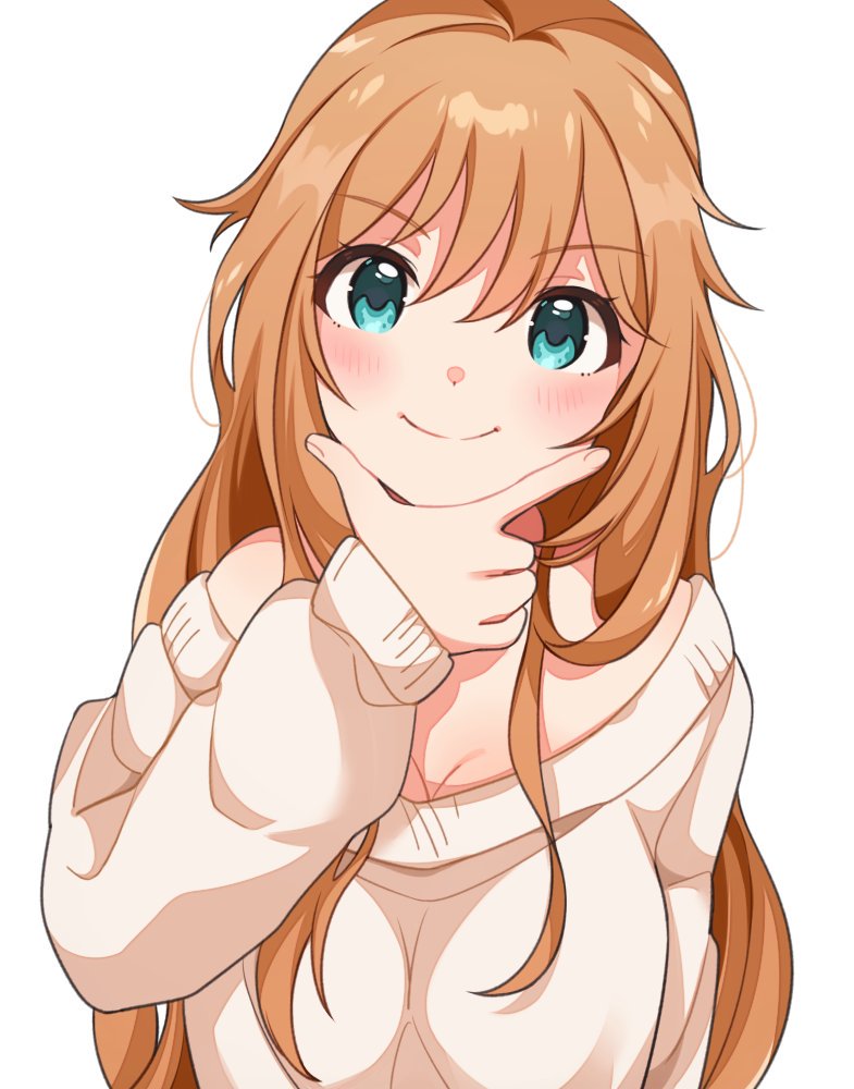 1girl blue_eyes blush brown_hair closed_mouth copyright_request hand_on_own_chin inuyama_nanami long_hair long_sleeves looking_at_viewer off-shoulder_sweater off_shoulder simple_background smile solo sweater white_background white_sweater