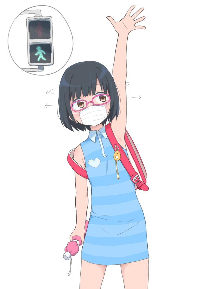 1girl arm_up armpits backpack bag blue_dress brown_eyes bubukka child dress glasses holding holding_umbrella mask mouth_mask original pink-framed_eyewear randoseru short_hair simple_background sleeveless sleeveless_dress solo standing striped striped_dress tachibana_momoka thighs umbrella white_background