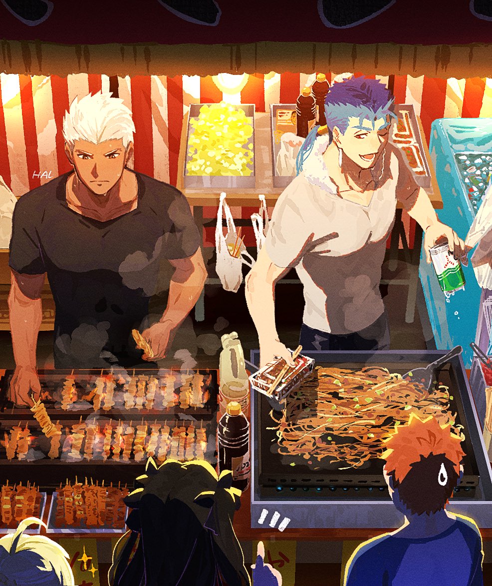 1girl 3boys ahoge archer_(fate) bag black_shirt blue_hair bottle can character_request closed_mouth cooking cu_chulainn_(fate)_(all) cu_chulainn_(fate/stay_night) dark_skin earrings emiya_shirou fate/grand_order fate_(series) food from_above hal_(haaaalhal) holding holding_can jewelry kebab light multiple_boys one_eye_closed open_mouth orange_hair pointing raglan_sleeves shirt short_sleeves skewer standing tagme tan tohsaka_rin two_side_up white_hair white_shirt