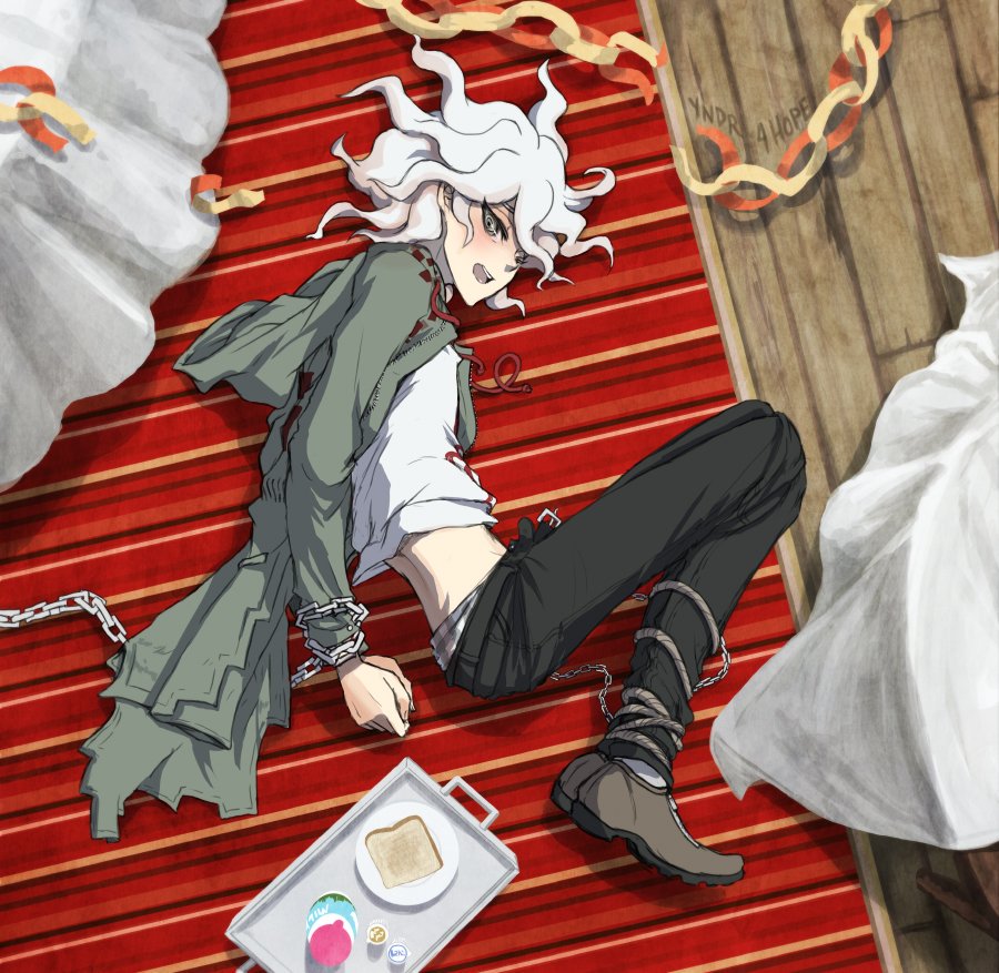 1boy :d arms_behind_back artist_name bangs belt black_pants blush bound brown_belt chain chained cuffs dangan_ronpa_(series) dangan_ronpa_2:_goodbye_despair food from_above from_side green_jacket handcuffs jacket komaeda_nagito lying male_focus male_underwear on_side open_mouth pale_skin pants plaid print_shirt shirt shoes smile solo stomach toast underwear upper_teeth white_hair white_shirt yandr4hope