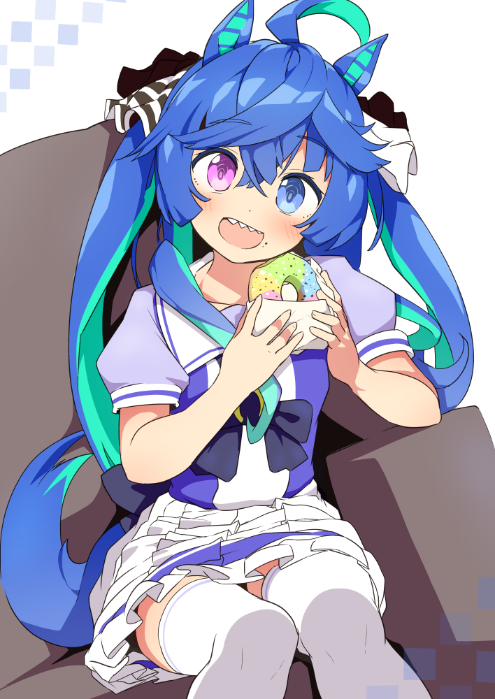 1girl :d ahoge animal_ears blue_eyes blue_hair commentary_request doughnut eating food hair_ribbon heterochromia horse_ears horse_girl horse_tail long_hair looking_at_viewer open_mouth pink_eyes ribbon school_uniform sharp_teeth short_hair sitting smile solo tail teeth thigh-highs tottotonero tracen_school_uniform twin_turbo_(umamusume) twintails umamusume upper_teeth white_legwear white_ribbon