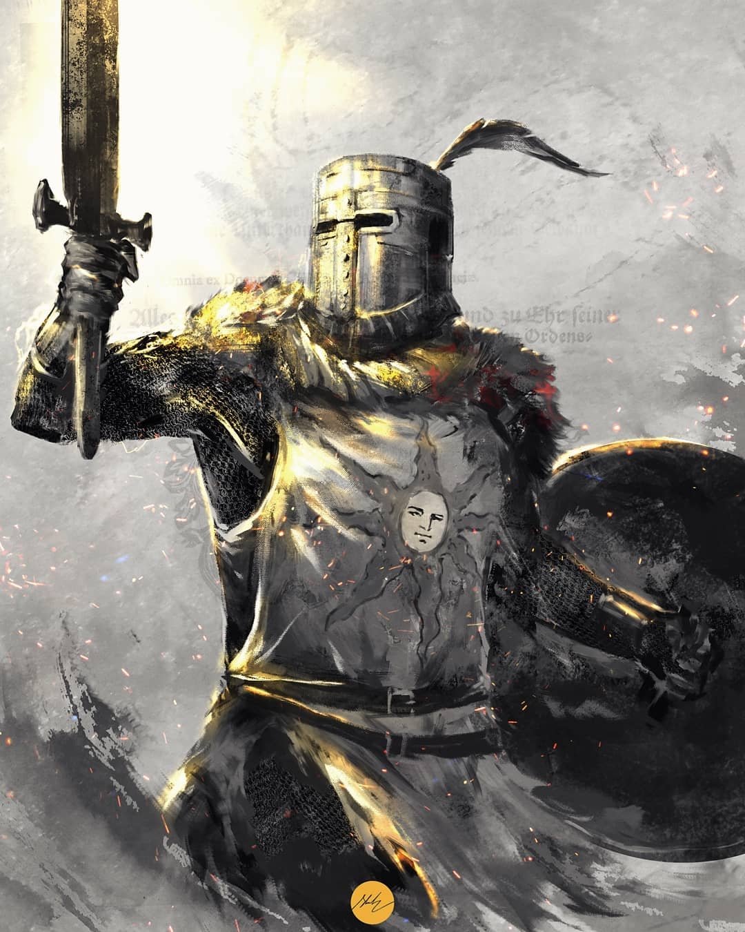 1boy armor cowboy_shot dark_souls_i full_armor gauntlets hat_feather helmet highres holding holding_shield holding_sword holding_weapon mail_armor shield shimhaq solaire_of_astora solo souls_(series) standing sword tabard weapon