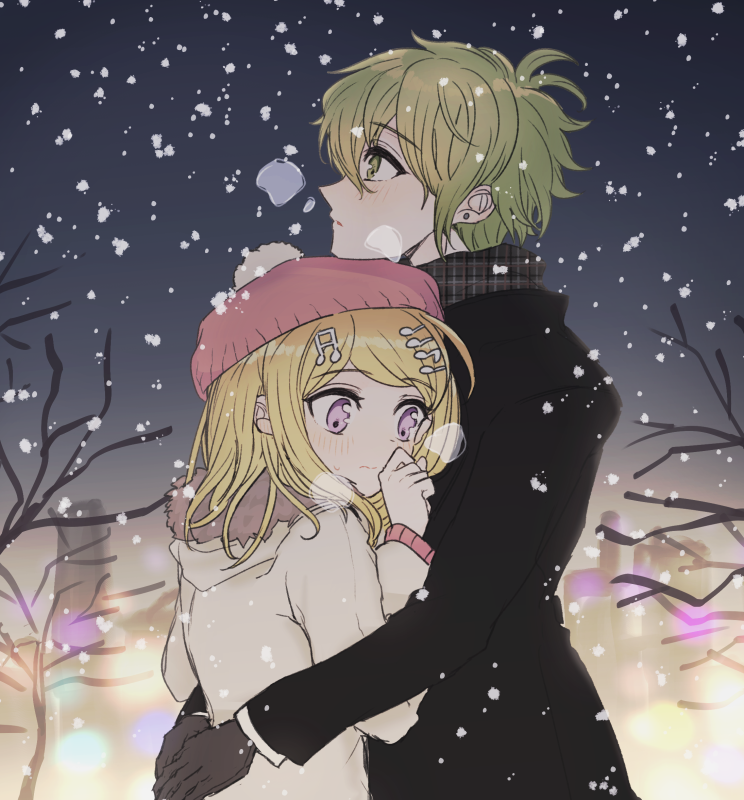 1boy 1girl akamatsu_kaede alternate_costume amami_rantarou bangs bare_tree beanie black_gloves black_jacket blonde_hair blush brown_scarf commentary_request couple dangan_ronpa_(series) dangan_ronpa_v3:_killing_harmony earrings eyebrows_visible_through_hair fc_(efushii) from_side fur_trim gloves gradient gradient_background green_hair hair_ornament hat hug jacket jewelry long_hair long_sleeves musical_note_hair_ornament outdoors pink_eyes pink_headwear plaid plaid_scarf profile scarf short_hair snow snowing tree violet_eyes winter_clothes