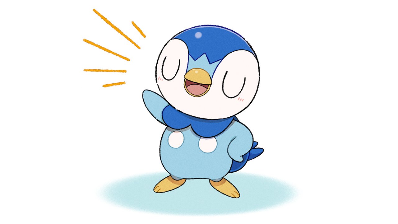 arm_up blush closed_eyes commentary_request creature full_body gen_4_pokemon hand_on_hip official_art open_mouth piplup pokemon prj_pochama smile standing starter_pokemon toes tongue white_background