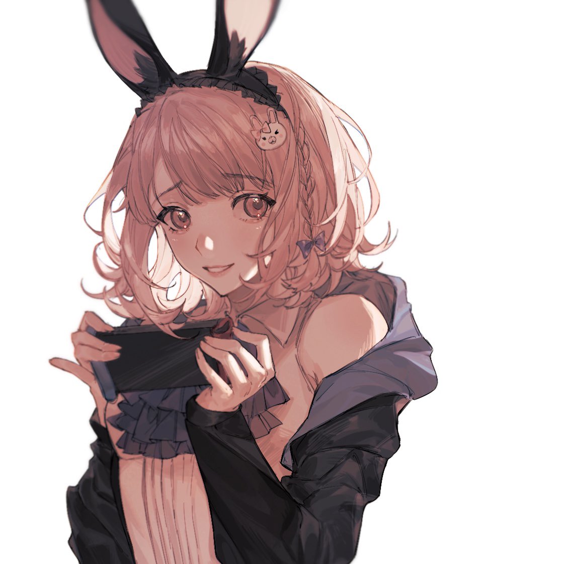 1girl amiya_(arknights) amiya_(arknights)_(cosplay) animal_ears bangs bare_shoulders blush bow braid bunny_hair_ornament character_print commentary_request cosplay dangan_ronpa_(series) dangan_ronpa_2:_goodbye_despair ear_bow hair_bow hair_ornament holding jacket long_sleeves looking_at_viewer nanami_chiaki off_shoulder side_braid simple_background sleeves_past_wrists smile solo teeth upper_body usami_(dangan_ronpa) white_background yoru_(yorusumire)