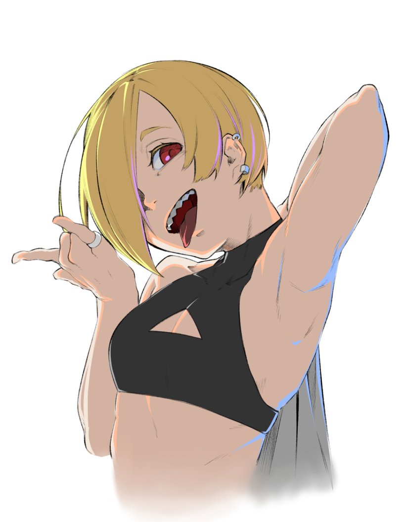 1girl :d armpits bare_arms blonde_hair breasts cleavage_cutout clothing_cutout commentary_request crop_top dyun ear_piercing earrings hair_over_one_eye idolmaster idolmaster_cinderella_girls jewelry looking_at_viewer one_eye_covered open_mouth piercing pinky_ring red_eyes sharp_teeth shirasaka_koume short_hair simple_background small_breasts smile solo teeth tongue tongue_out triangle_cutout white_background