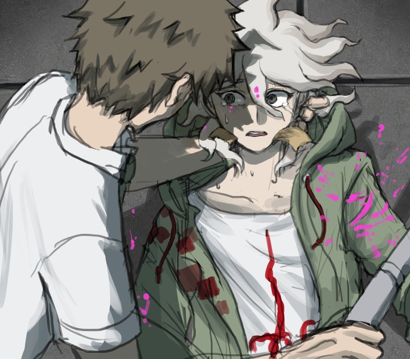 2boys bangs blood brown_hair collarbone dangan_ronpa_(series) dangan_ronpa_2:_goodbye_despair english_commentary green_jacket grey_hair hair_between_eyes hinata_hajime hood jacket komaeda_nagito lying male_focus messy_hair multiple_boys on_back open_clothes open_jacket polearm print_shirt shirt short_hair short_sleeves spear weapon what_if yandr4hope