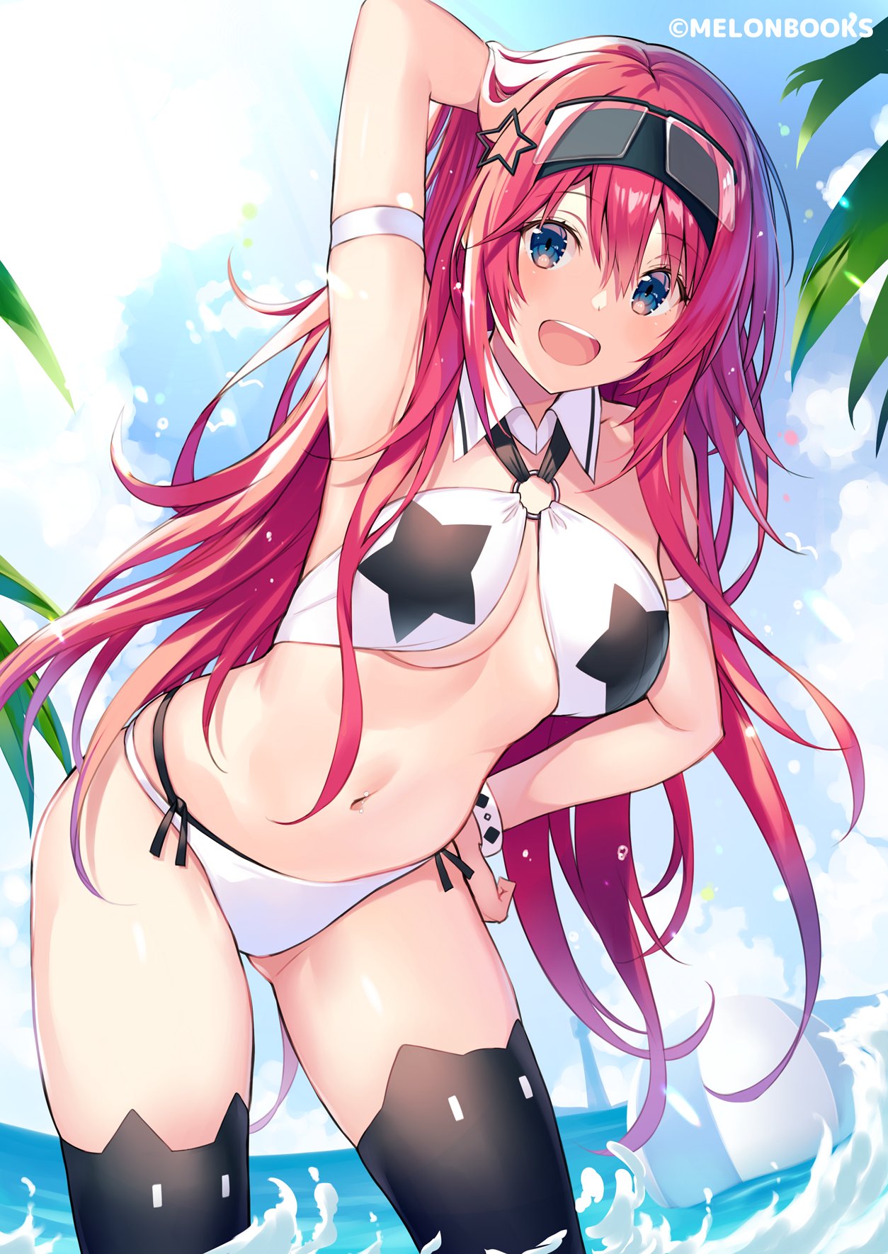 1girl :d arm_behind_head arm_strap arm_up armpits bare_shoulders bikini black_legwear blue_eyes bracelet breasts contrapposto day detached_collar goggles goggles_on_head hair_between_eyes hairband halter_top halterneck hand_on_hip highres jewelry kurebayashi_noe layered_bikini leaning_forward long_hair looking_at_viewer medium_breasts navel o-ring o-ring_bikini open_mouth original outdoors redhead side-tie_bikini smile solo standing stomach swimsuit thigh-highs thighs very_long_hair wading water white_bikini wing_collar