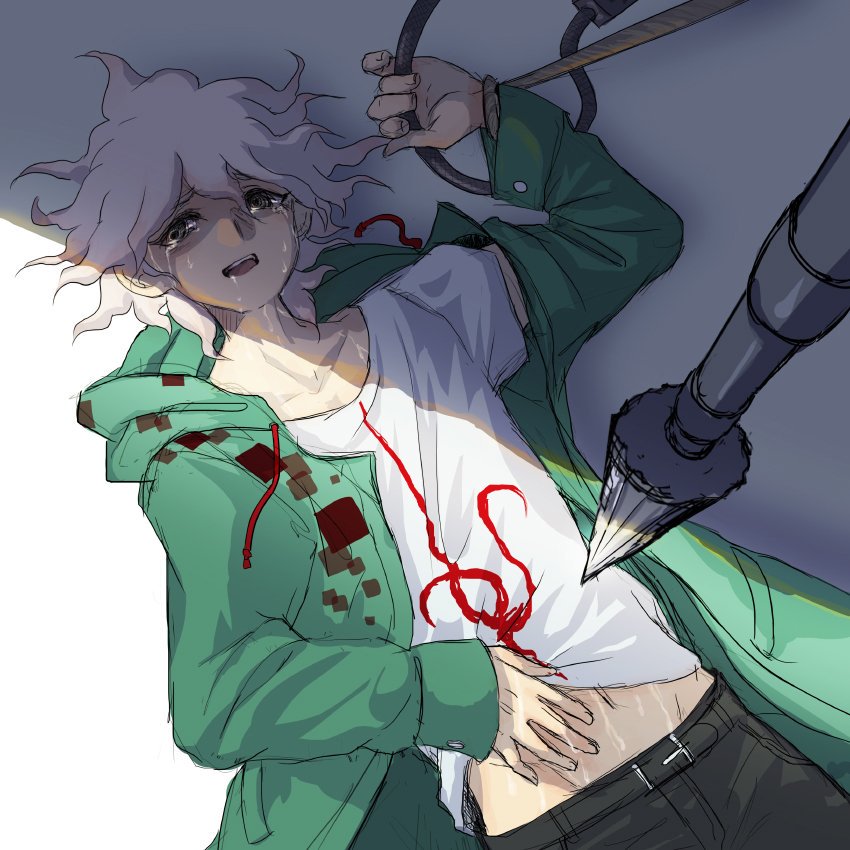 1boy bangs black_pants collarbone crying crying_with_eyes_open dangan_ronpa_(series) dangan_ronpa_2:_goodbye_despair english_commentary from_above green_jacket grey_hair jacket komaeda_nagito lying male_focus navel on_back open_clothes open_jacket open_mouth pants polearm print_shirt rope saliva shirt short_sleeves spear spoilers stomach tears upper_teeth weapon white_shirt yandr4hope