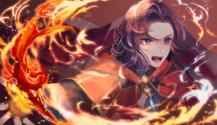 1boy cape casting_spell erk_(fire_emblem) fingerless_gloves fire fire_emblem fire_emblem:_the_blazing_blade furrowed_brow gloves looking_to_the_side mage open_mouth outstretched_arms purple_hair red_cape robe shouting spread_arms tawashi-san violet_eyes
