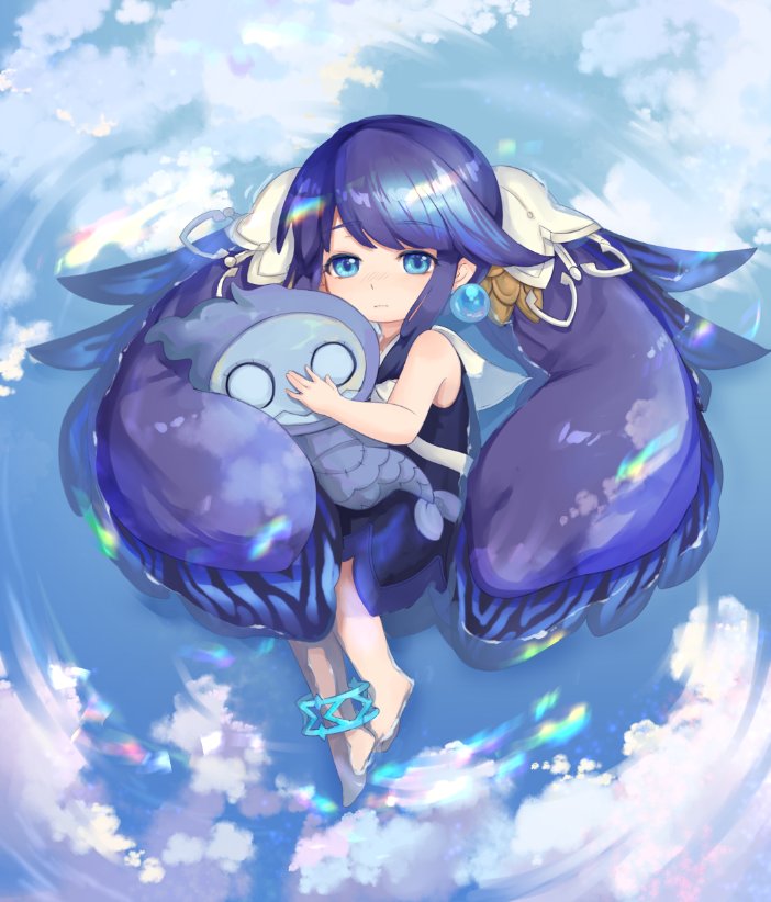 1girl anklet barefoot blue_eyes blue_hair child closed_mouth fins hair_ornament holding holding_stuffed_toy in_water jewelry long_hair looking_at_viewer lying nightmare_(sinoalice) ningyo_hime_(sinoalice) nomi_(kurocxx110) on_back ribbon sad sidelocks sinoalice solo stuffed_toy twintails very_long_hair