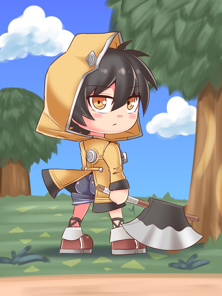 1girl animal_crossing ass axe black_hair chibi closed_mouth cougar_(cougar1404) grass hair_between_eyes holding hood hooded_jacket jacket looking_at_viewer looking_back nari_(cougar1404) original short_hair solo standing tree yellow_eyes