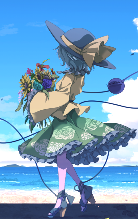 1girl beach black_headwear blouse blue_sky bouquet bow clouds collared_shirt eyeball eyelashes floral_print flower frilled_shirt_collar frilled_sleeves frills from_behind green_eyes green_hair green_skirt hat hat_bow hat_ribbon heart heart_of_string high_heels island komeiji_koishi long_sleeves noumin_joemanyodw ocean outdoors ribbon rose sand shirt skirt sky sunflower third_eye touhou wavy_hair wide_sleeves yellow_blouse yellow_bow yellow_ribbon yellow_shirt