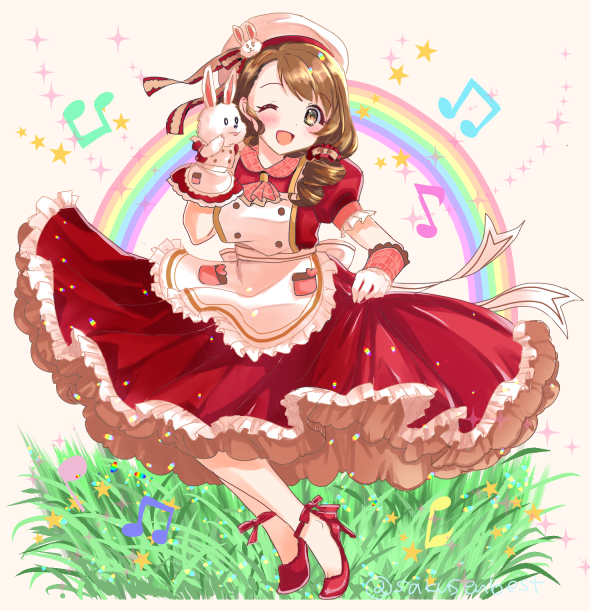 1girl artist_name beamed_eighth_notes brown_eyes brown_hair dress eighth_note grass hand_puppet hat_ornament high_heels idolmaster idolmaster_cinderella_girls idolmaster_cinderella_girls_starlight_stage kurumi_rumi looking_at_viewer mochida_arisa musical_note one_eye_closed puffy_short_sleeves puffy_sleeves puppet rainbow red_dress red_footwear short_sleeves skirt_hold solo sparkle standing star_(symbol)