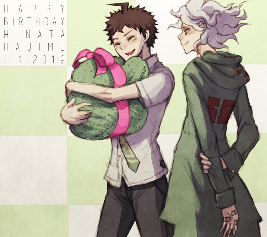 2boys :d ahoge arm_behind_back bandaid bandaid_on_hand bangs black_pants blush brown_hair character_name closed_eyes coat cowboy_shot dangan_ronpa_(series) dangan_ronpa_2:_goodbye_despair dated dress_shirt english_commentary green_coat green_neckwear grey_hair grey_shirt happy_birthday hinata_hajime hood komaeda_nagito male_focus multiple_boys necktie number object_hug open_mouth pants pink_ribbon ribbon shirt short_hair short_sleeves smile standing yandr4hope