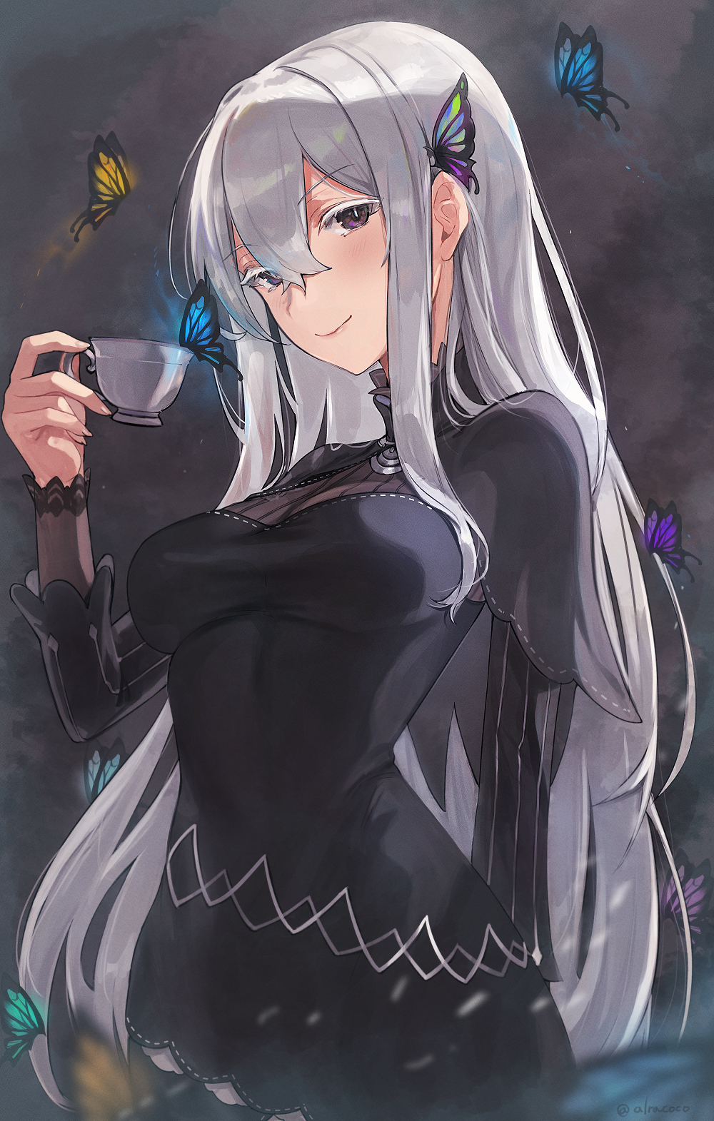 1girl alracoco black_dress breasts bug butterfly butterfly_hair_ornament closed_mouth commentary_request cup dress echidna_(re:zero) eyebrows_visible_through_hair fingernails hair_between_eyes hair_ornament highres holding holding_cup insect long_hair looking_at_viewer medium_breasts re:zero_kara_hajimeru_isekai_seikatsu silver_hair smile solo teacup very_long_hair