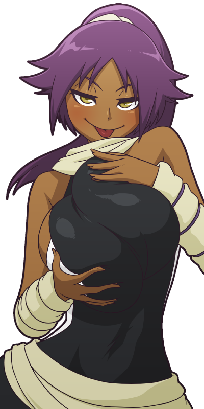 1girl arm_warmers bleach breast_squeeze breasts contrapposto dark-skinned_female dark_skin huge_breasts long_hair mike_inel naughty_face ponytail purple_hair scarf shihouin_yoruichi solo tongue tongue_out transparent_background upper_body white_scarf yellow_eyes
