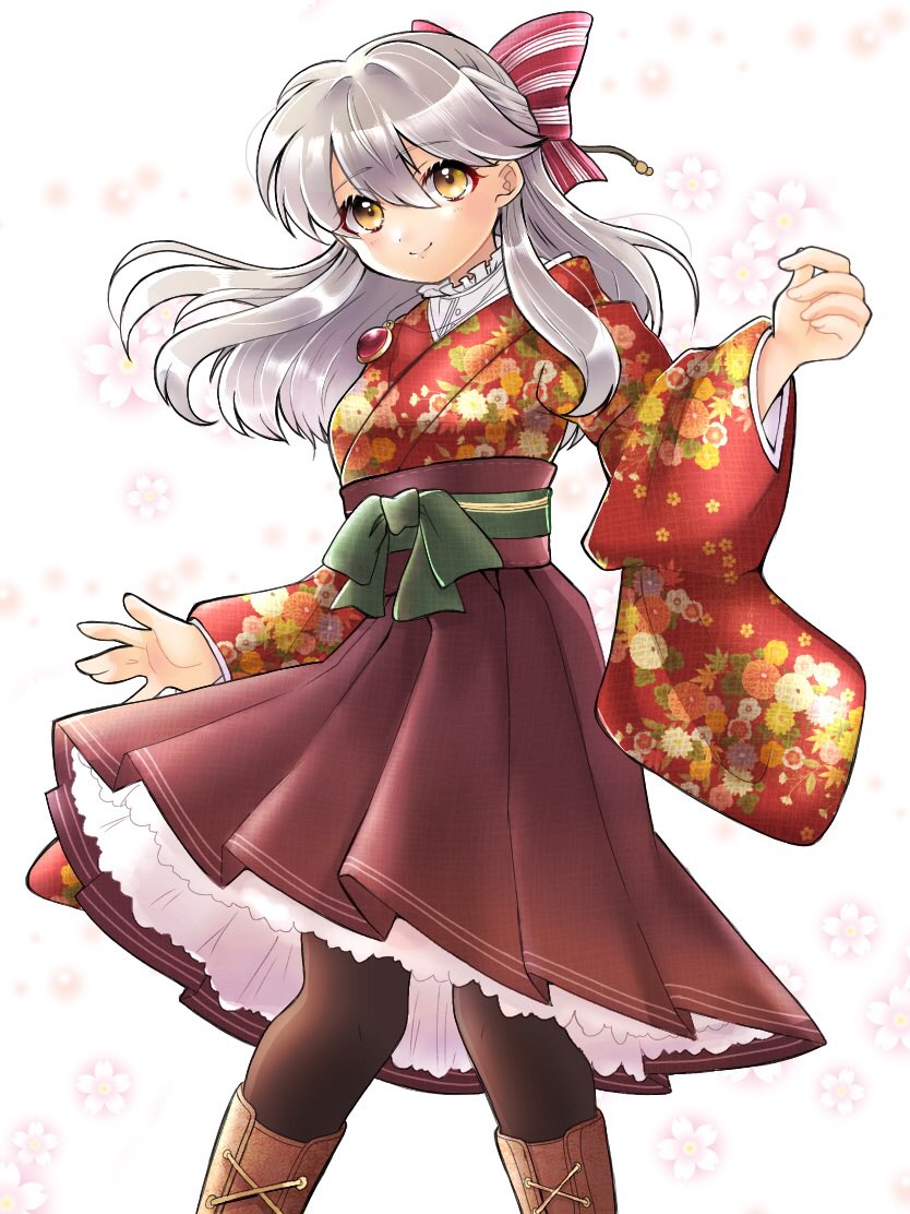 1girl alternate_costume black_legwear boots bow cherry_blossoms fire_emblem fire_emblem:_radiant_dawn flower frilled_skirt frills gau_fe hair_bow japanese_clothes kimono long_hair long_skirt long_sleeves micaiah_(fire_emblem) pantyhose petals silver_hair skirt smile solo white_background wide_sleeves yellow_eyes