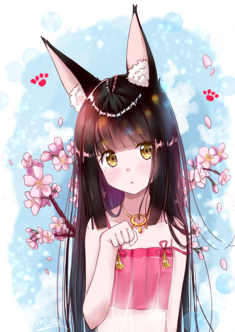 1girl animal_ears azur_lane bangs black_hair blunt_bangs cherry_blossoms collarbone commentary_request eyebrows_visible_through_hair eyes_visible_through_hair fox_ears head_tilt jewelry long_hair looking_at_viewer m_ko_(maxft2) nagato_(azur_lane) nagato_(great_fox's_sleepwear)_(azur_lane) necklace parted_lips paw_pose paw_print see-through sidelocks solo spaghetti_strap yellow_eyes