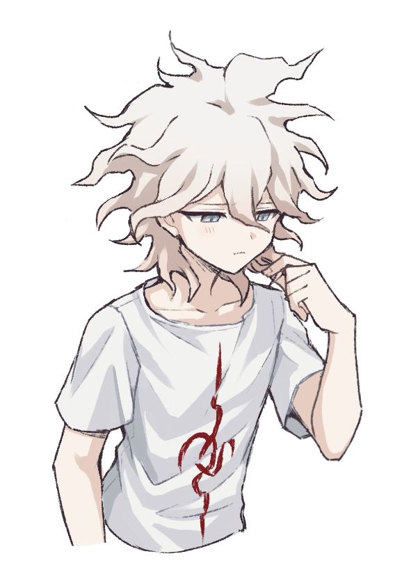 1boy bangs blush collarbone cropped_torso dangan_ronpa_(series) dangan_ronpa_2:_goodbye_despair frown grey_eyes grey_hair haizai hand_up komaeda_nagito looking_down male_focus messy_hair print_shirt shirt short_sleeves solo white_shirt