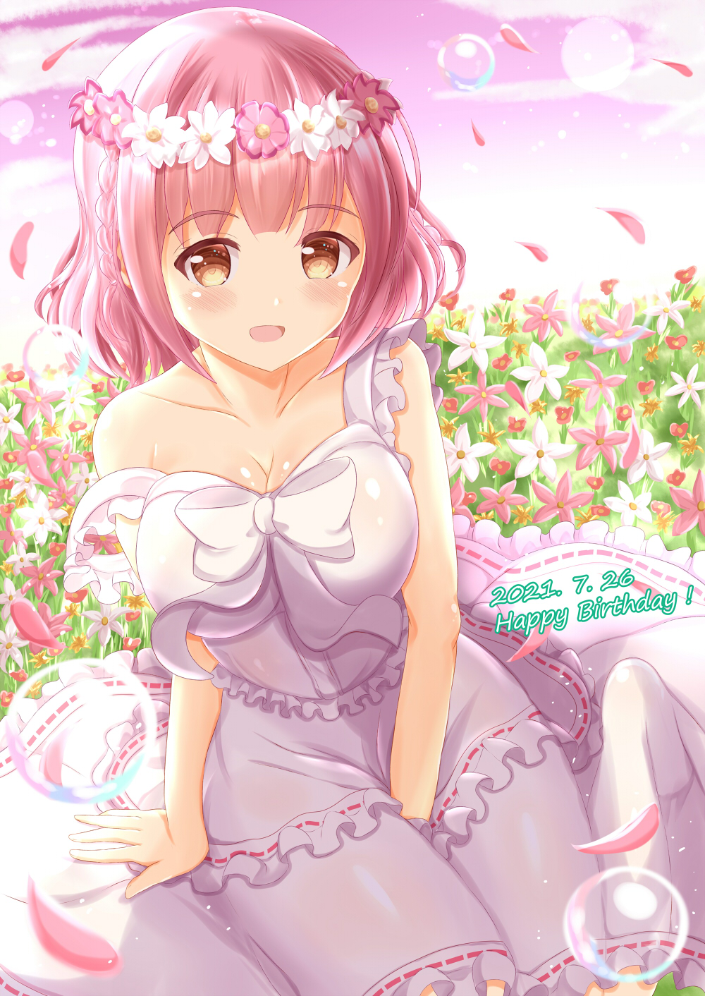 1girl :d bangs blush brown_eyes commentary_request dated dress eyebrows_visible_through_hair flower flower_wreath frilled_dress frills happy_birthday head_wreath highres hoshizaki_akari looking_at_viewer ongeki open_mouth petals pink_flower pink_hair sitting sleeveless sleeveless_dress smile solo strap_slip white_flower zenon_(for_achieve)