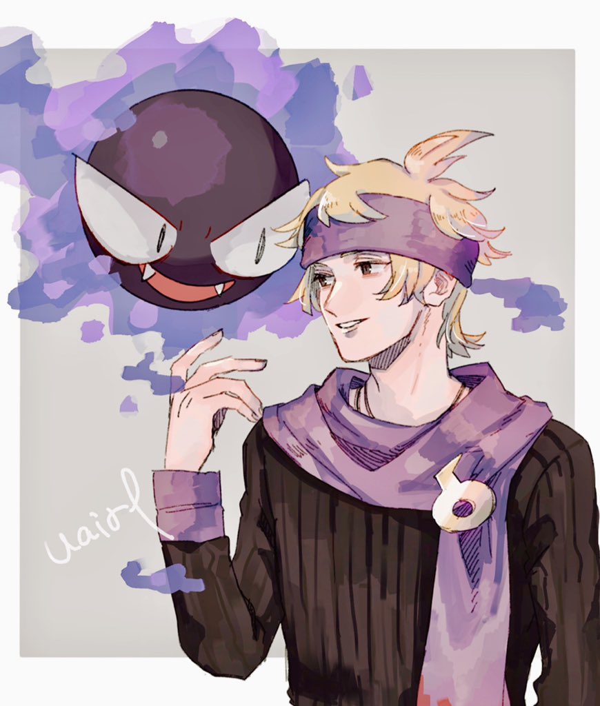 1boy blonde_hair border brown_sweater gastly gen_1_pokemon gym_leader hanenbo headband long_sleeves male_focus morty_(pokemon) parted_lips pokemon pokemon_(creature) pokemon_(game) pokemon_hgss purple_headband purple_scarf ribbed_sweater scarf short_hair signature smile sweater upper_body white_border